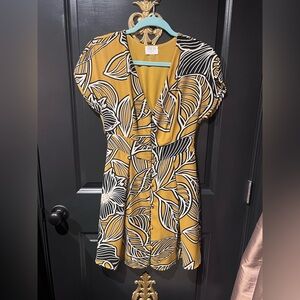 Sienna Sky Mustard and Black Leaf Pattern Dress